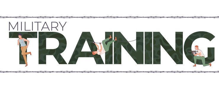 military training flat composition with editable text human characters running climbing army recruits vector illustration 1284 80763